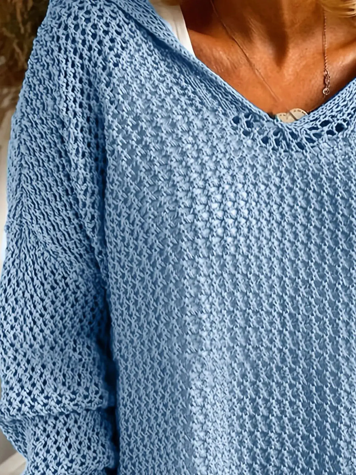 Openwork blue knit beach cover-up, hooded with long sleeves