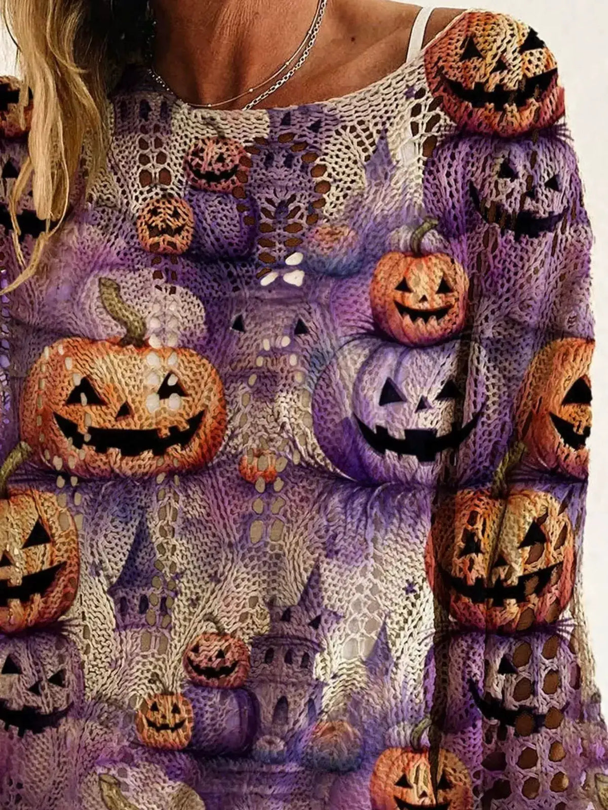 Full-size Halloween pumpkin loose-knit cover-up, plus size, purple crochet with carved pumpkin motifs, Trendsi