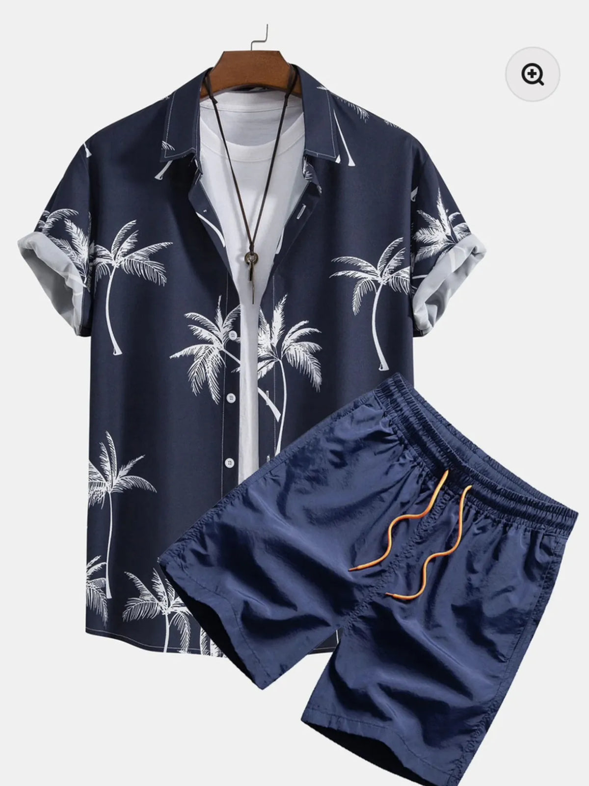 Trendsi men's plus-size palm tree print short-sleeve shirt and navy shorts set; lightweight, button-down top with white palm trees