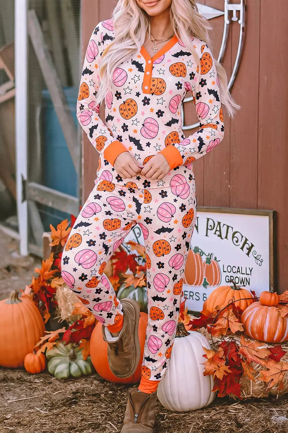 Halloween Pumpkin Print Long Sleeve Home Lounge Set; pink base with orange trim, matching top and pants.