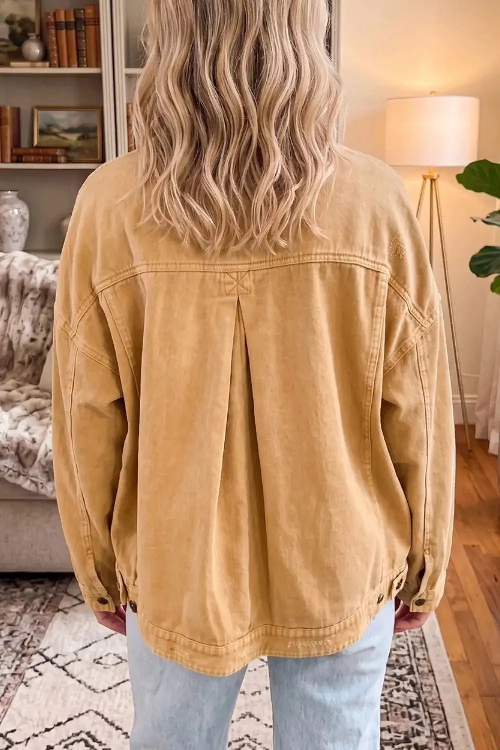 Washed long-sleeve denim trucker jacket with metal button front by Trendsi in tan cotton-blend