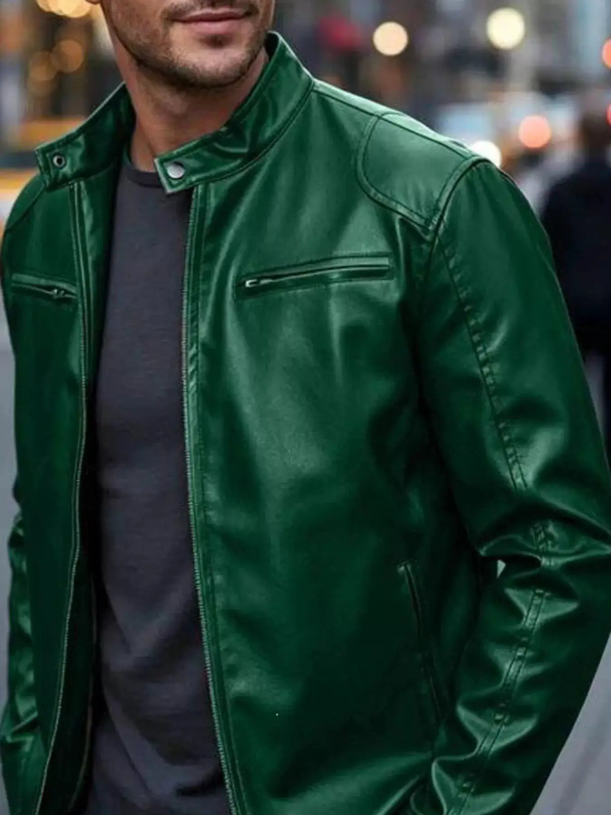 Men's green faux leather bomber jacket with zip pockets and stand collar