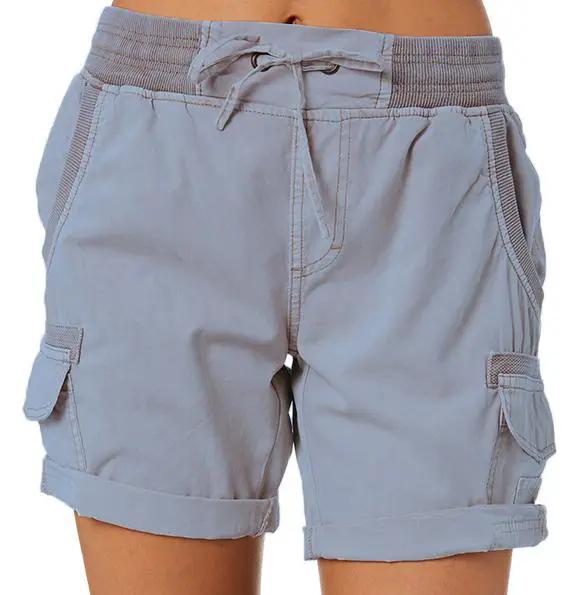 AdTec lightweight women's cargo shorts with drawstring waist, deep side pockets and rolled cuffs in light gray.