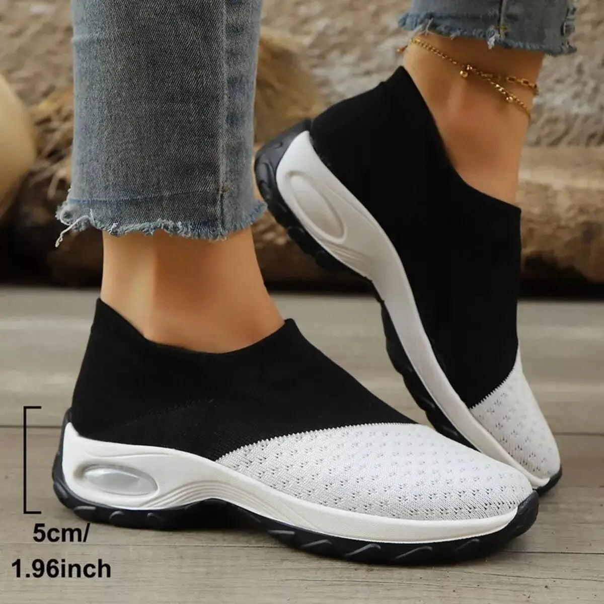 Color Block Mesh Athletic Shoes with black sock-style upper and white mesh toe, white sole