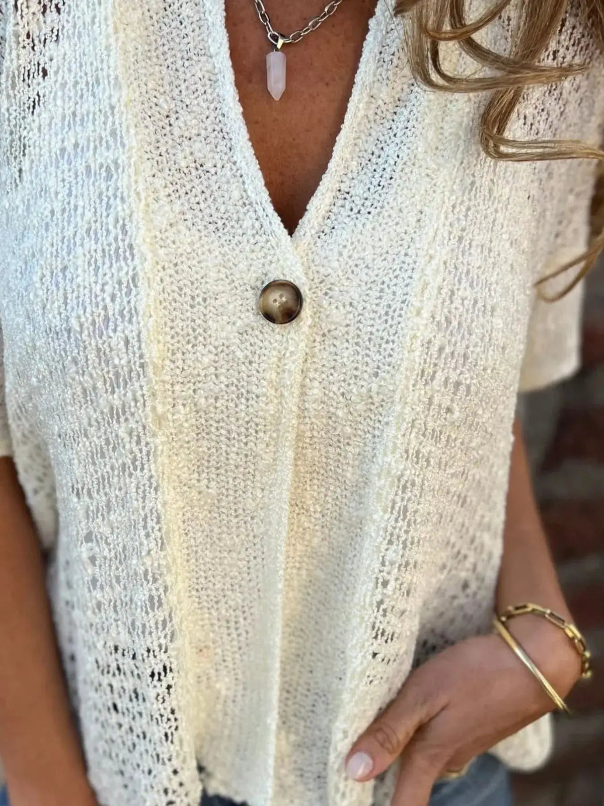 Plus Size One Button Openwork Cardigan in ivory sheer knit