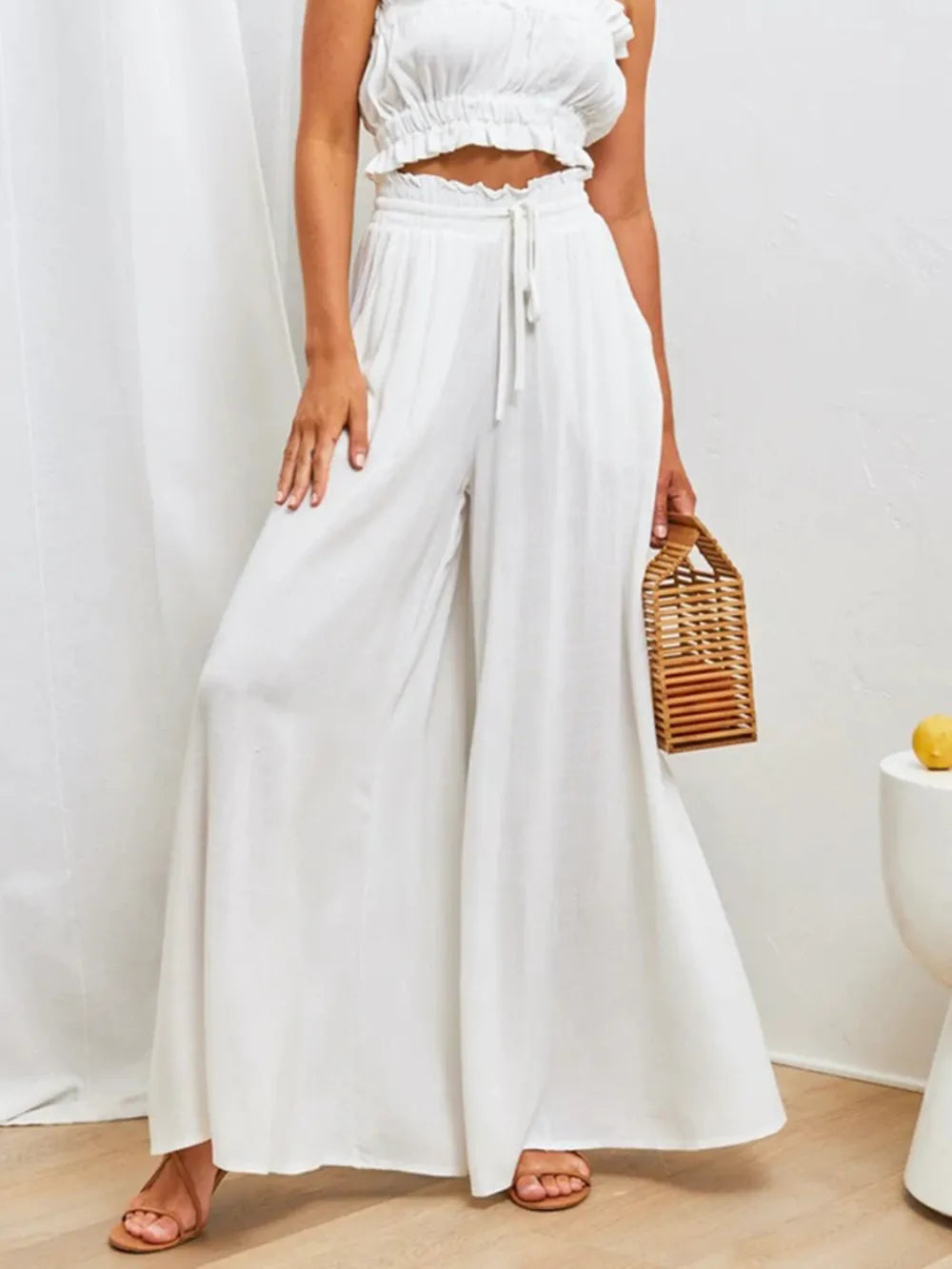 High waist wide-leg palazzo pants, white by Trendsi with pockets