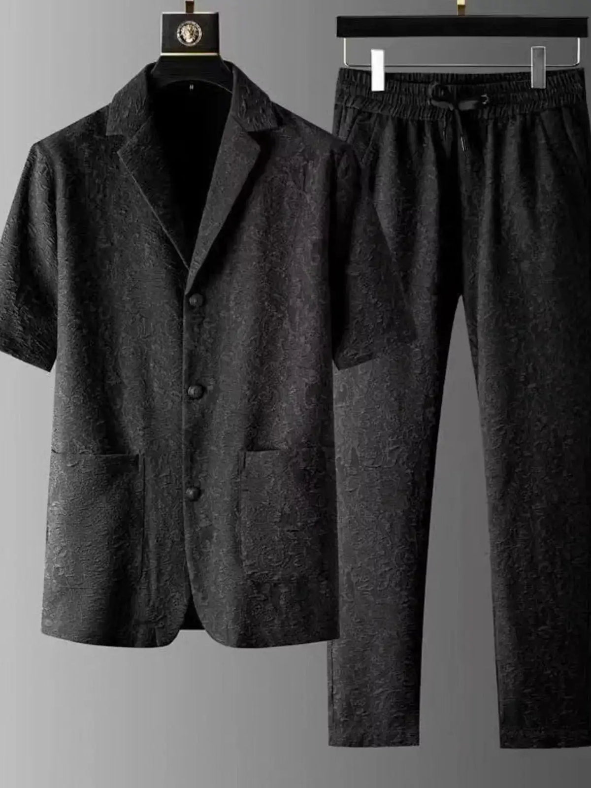 Trendsi Mens Plus Size Button Up Shirt with Elastic Waist Pants Set, 2-piece black textured fabric