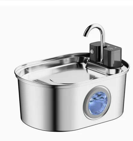 Water Feeder Stainless Steel Pet Water Dispenser with chrome finish, top faucet and built-in reservoir