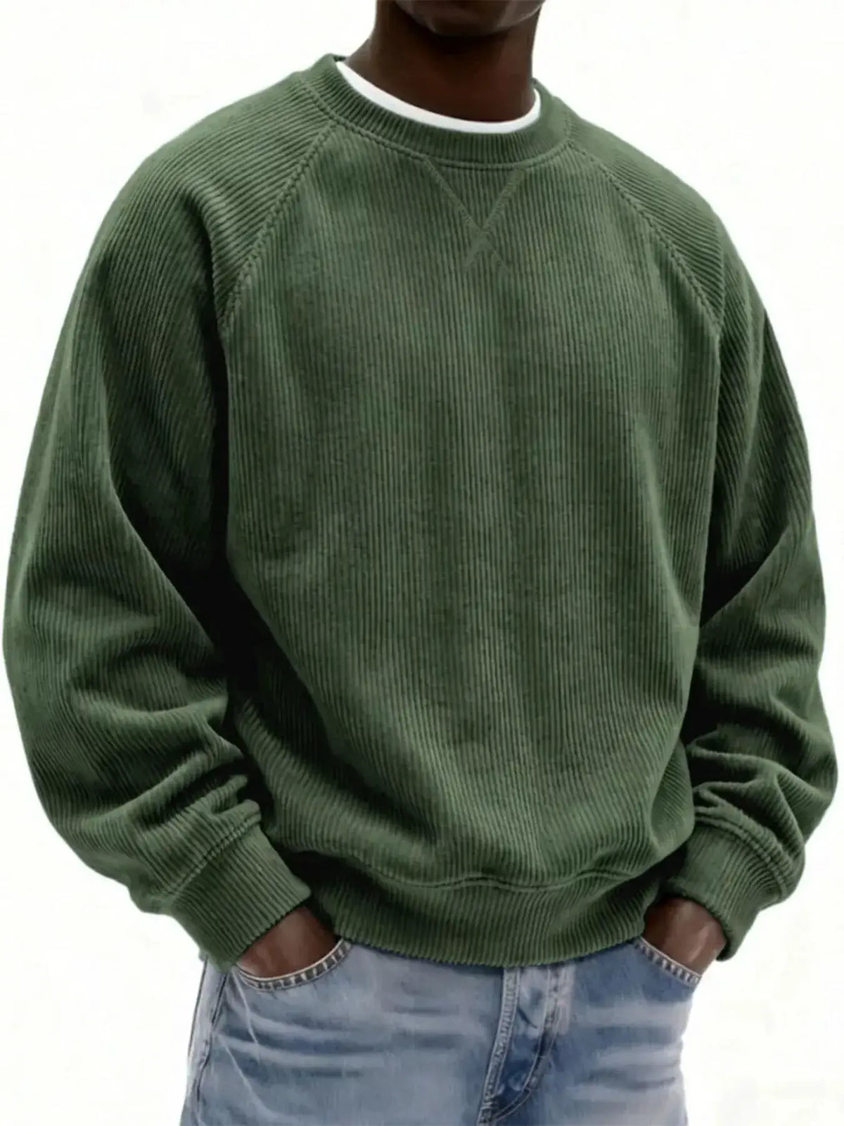 Mens plus size corduroy crew neck sweatshirt in green by Trendsi
