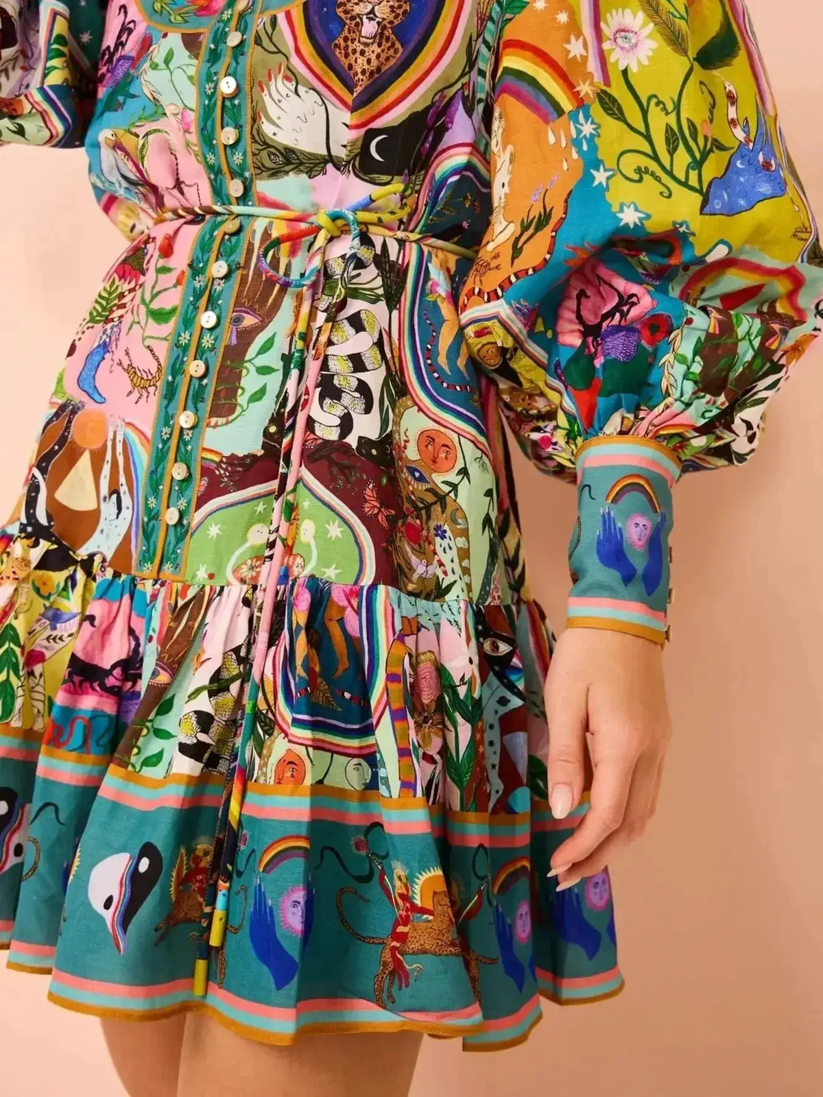 Printed long sleeve mini dress with belt in vibrant multicolor print by Trendsi