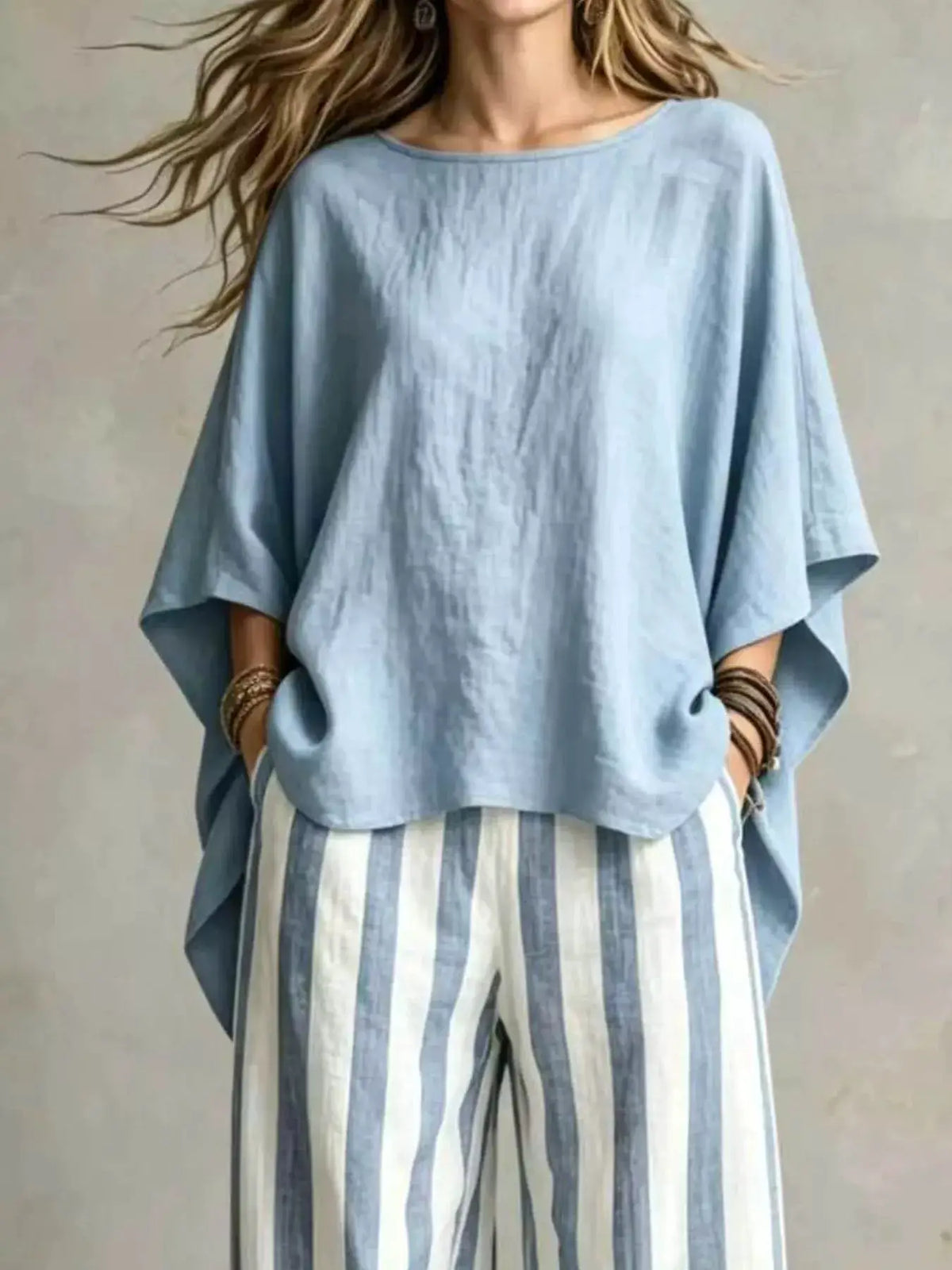 Trendsi plus-size two-piece light-blue top and striped pants set