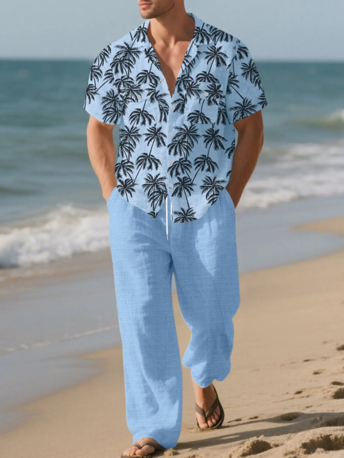 Men's plus-size tropical palm-print button-up shirt and pants set, 2-piece, light-blue with black palm tree pattern.