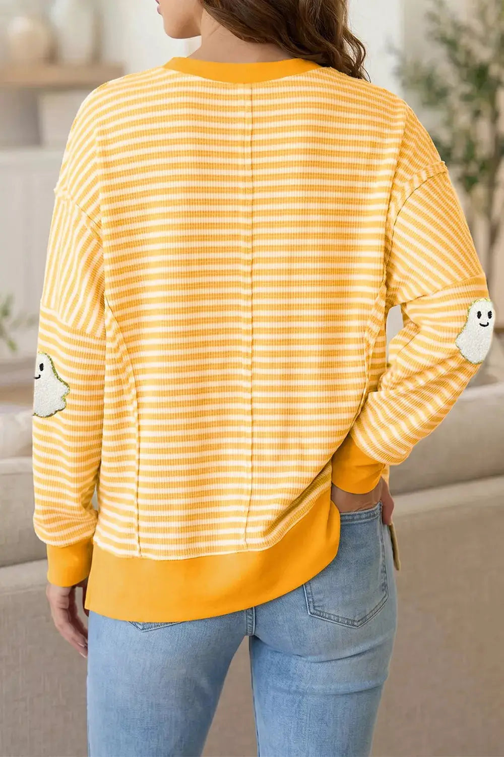 Stripe Halloween Ghost Patch Round-Neck Long-Sleeve Top in yellow/white stripes with ghost patches on sleeves