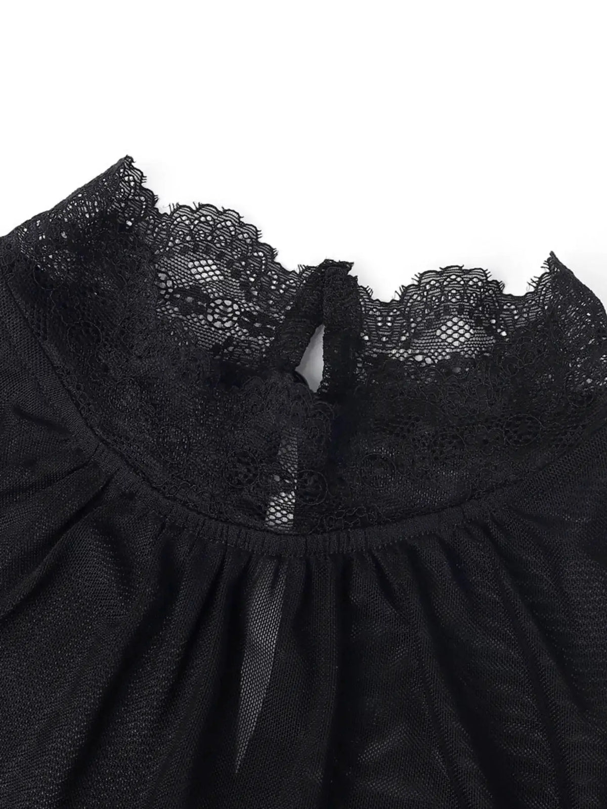 Lace Trim Velvet Sheer Sleeve Blouse, black with delicate lace neckline.