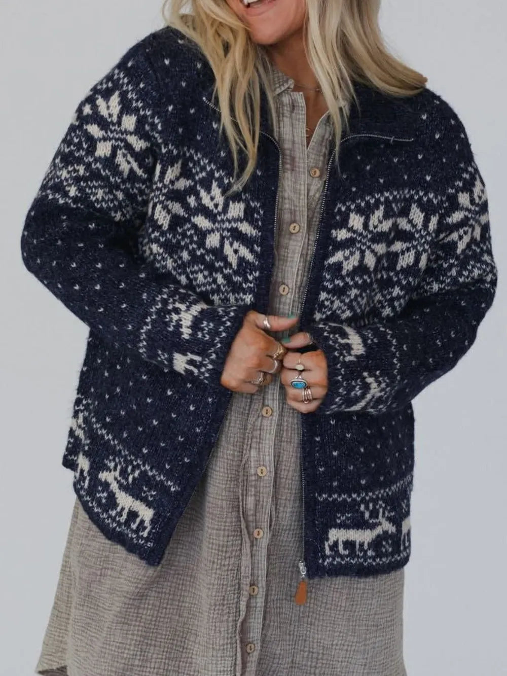 Cozy navy zip-up acrylic cardigan with white Nordic pattern