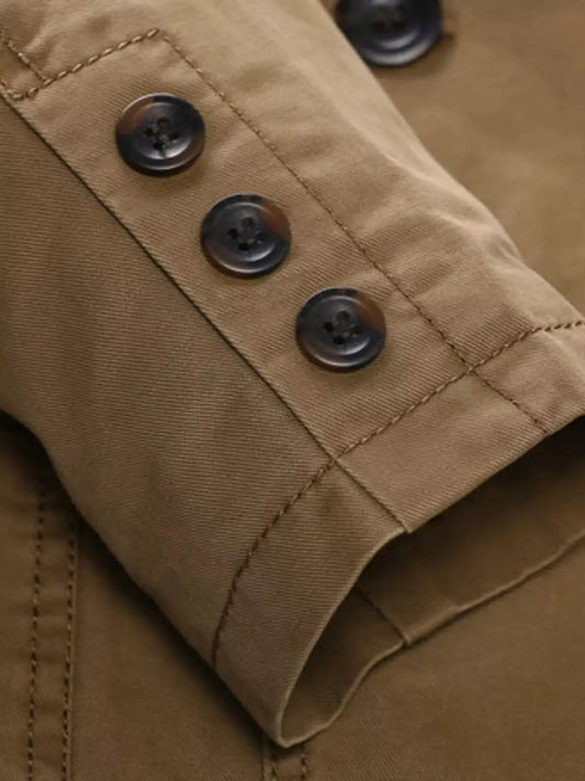 Men's plus-size tan blazer sleeve with three dark buttons on cuff
