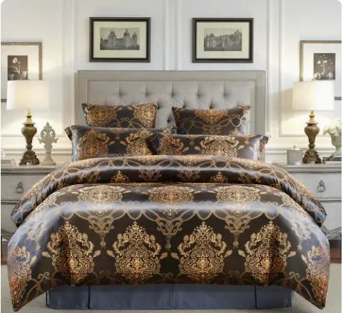 Home Textile European-Style Satin Jacquard Bedding Kit in dark brown with gold damask pattern.