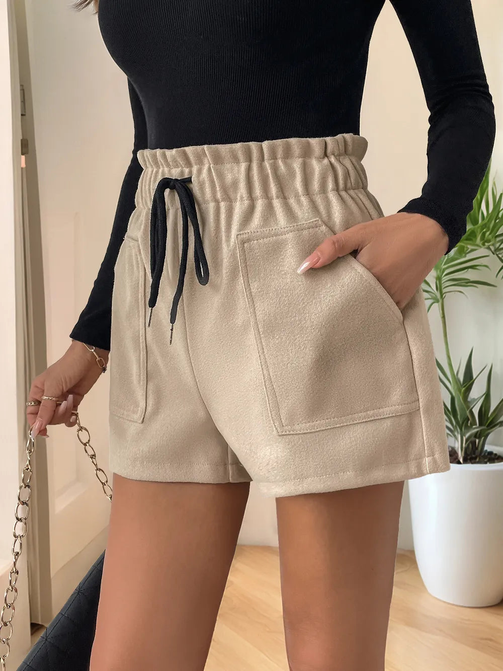 Perfee Frill Drawstring Shorts with Pockets, beige fabric, black drawstring, front patch pockets