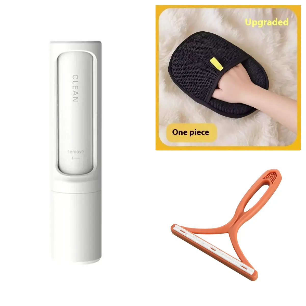 Pet hair remover kit: white self-cleaning device, black one-piece brush, orange dual-handle lint tool.