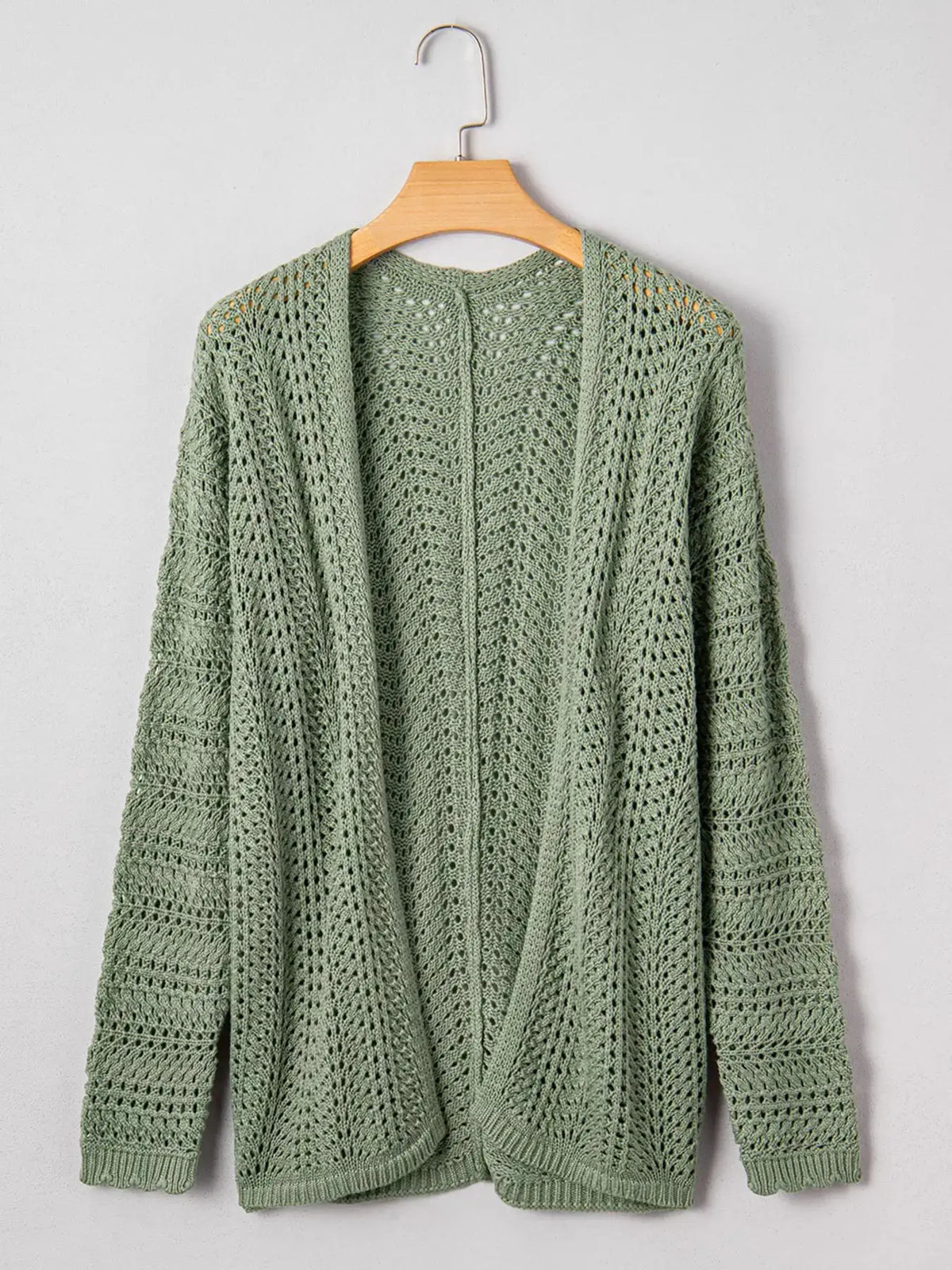 Lightweight sage green scalloped-edge eyelet knit batwing-sleeve cardigan