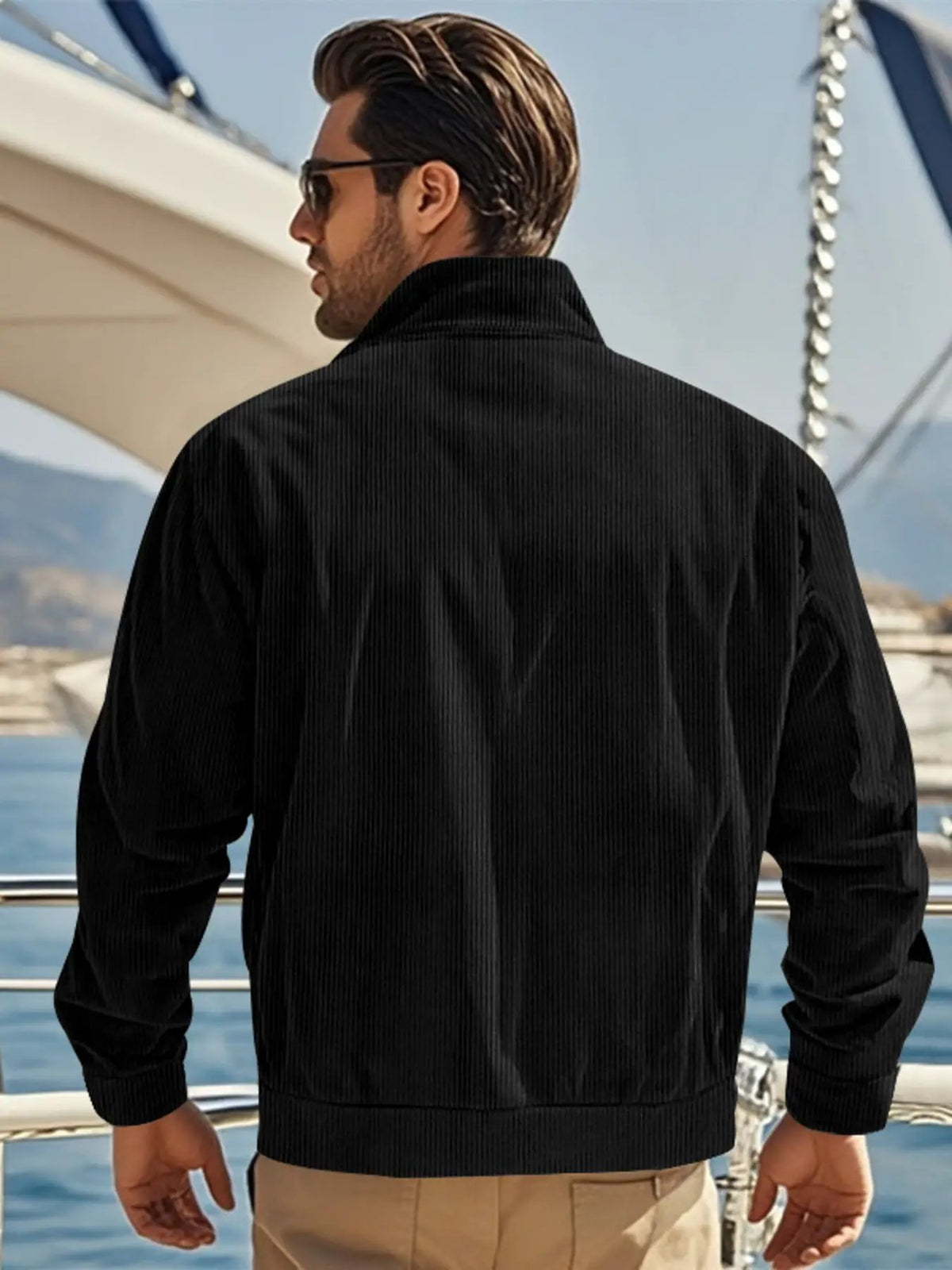 Men's corduroy button-up casual jacket in black, plus size.