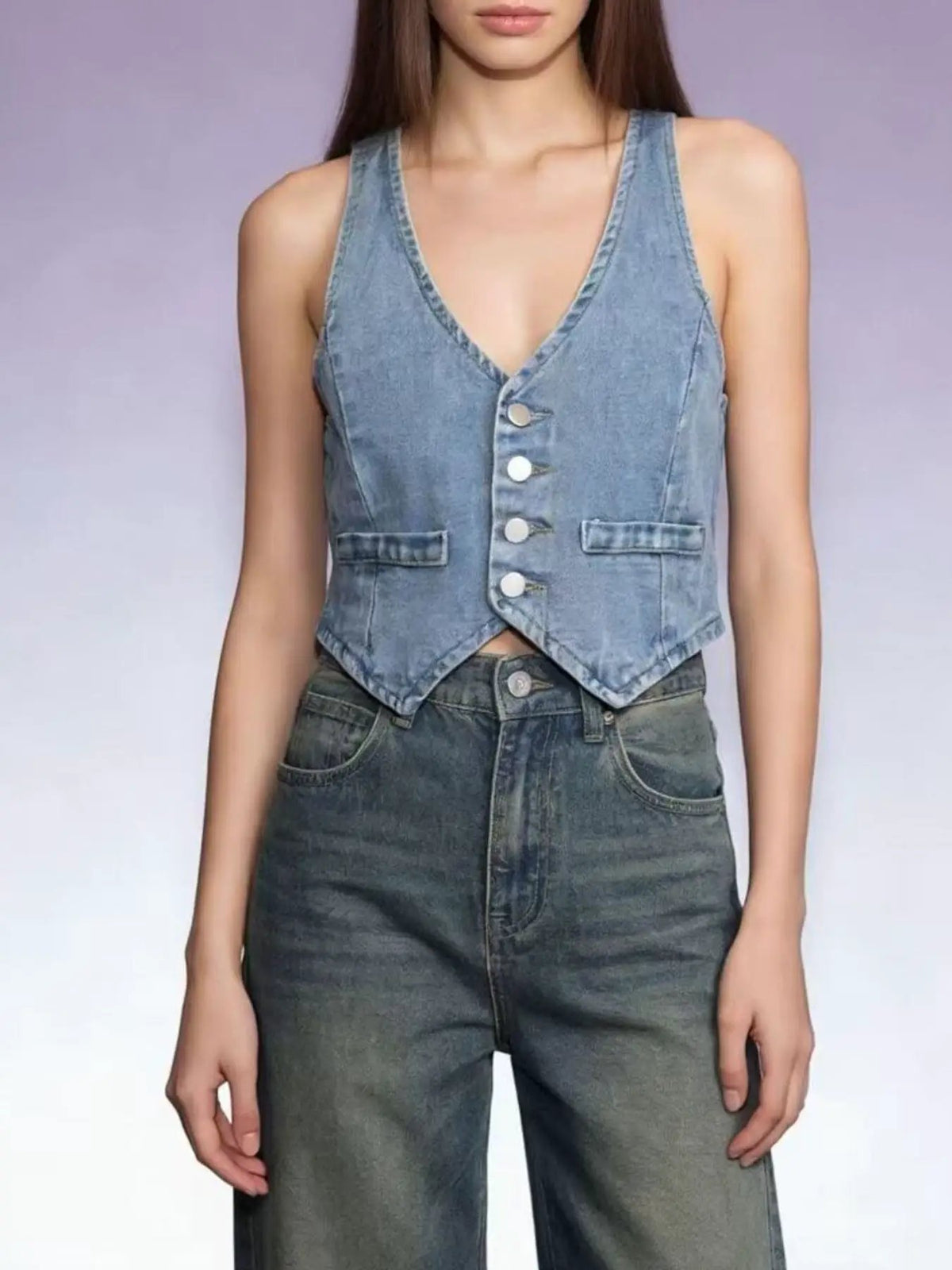 Classic Button Down Denim Vest by Trendsi; light blue cotton-blend denim layering jacket with button front.