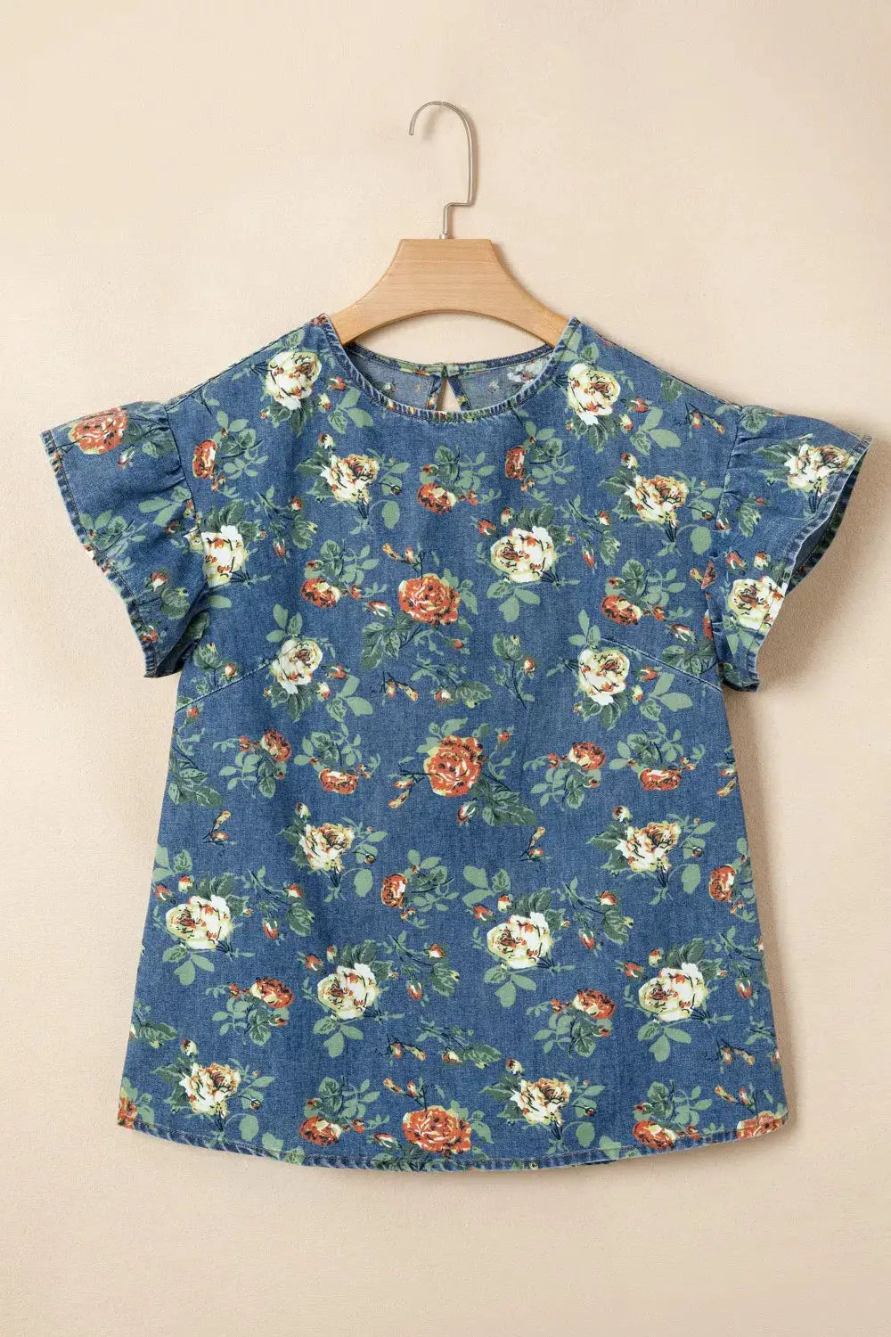 Ruffled short-sleeve floral denim top for women, blue casual blouse.