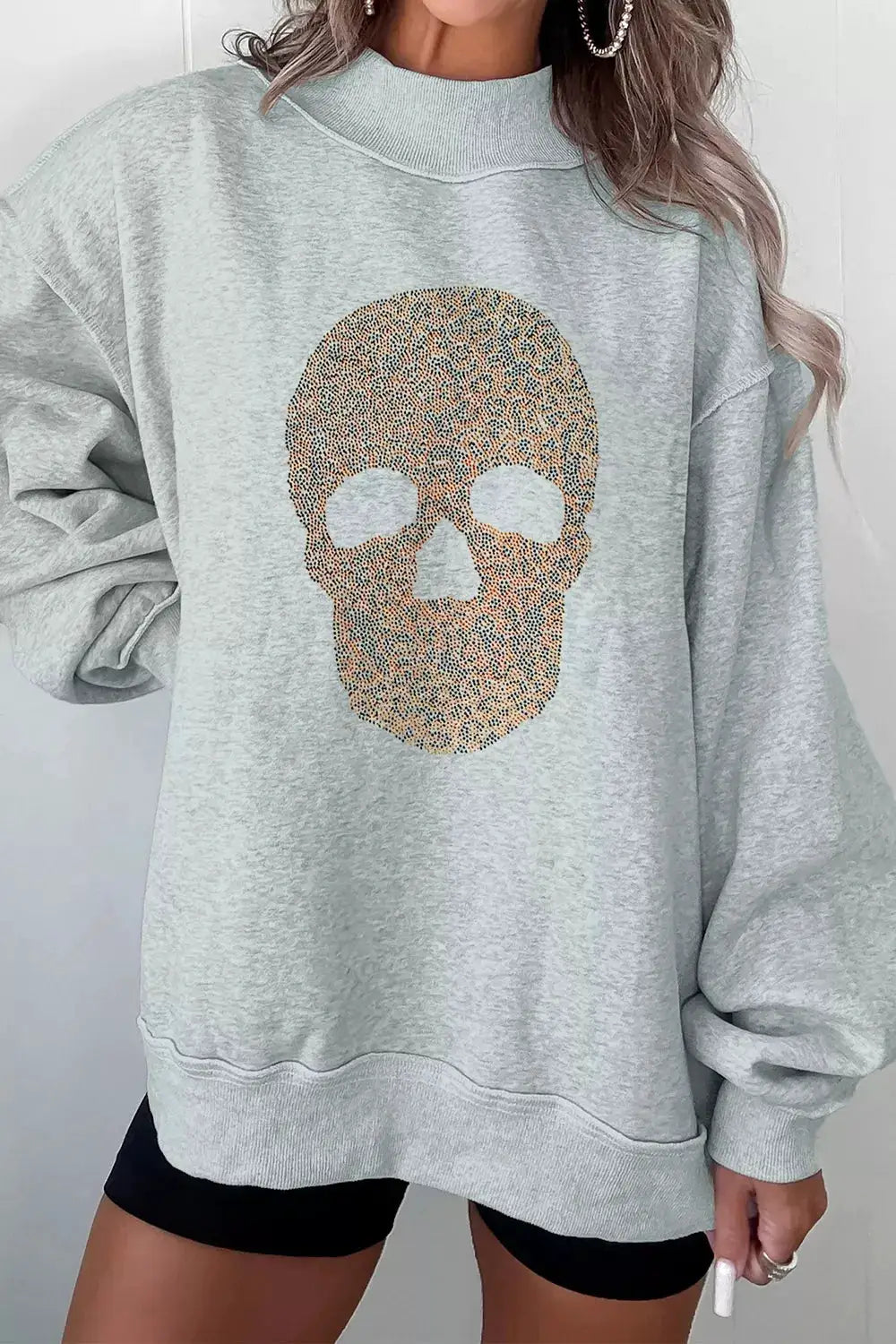 Oversized heather gray Halloween sweatshirt with rhinestone skull graphic, mock-neck