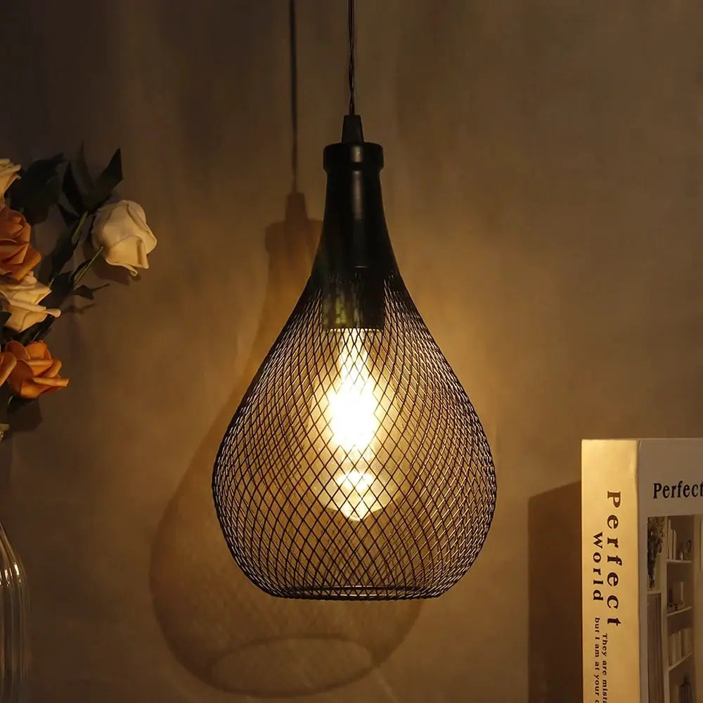 Battery Operated Hanging Lamp with black metal mesh teardrop pendant and warm light.