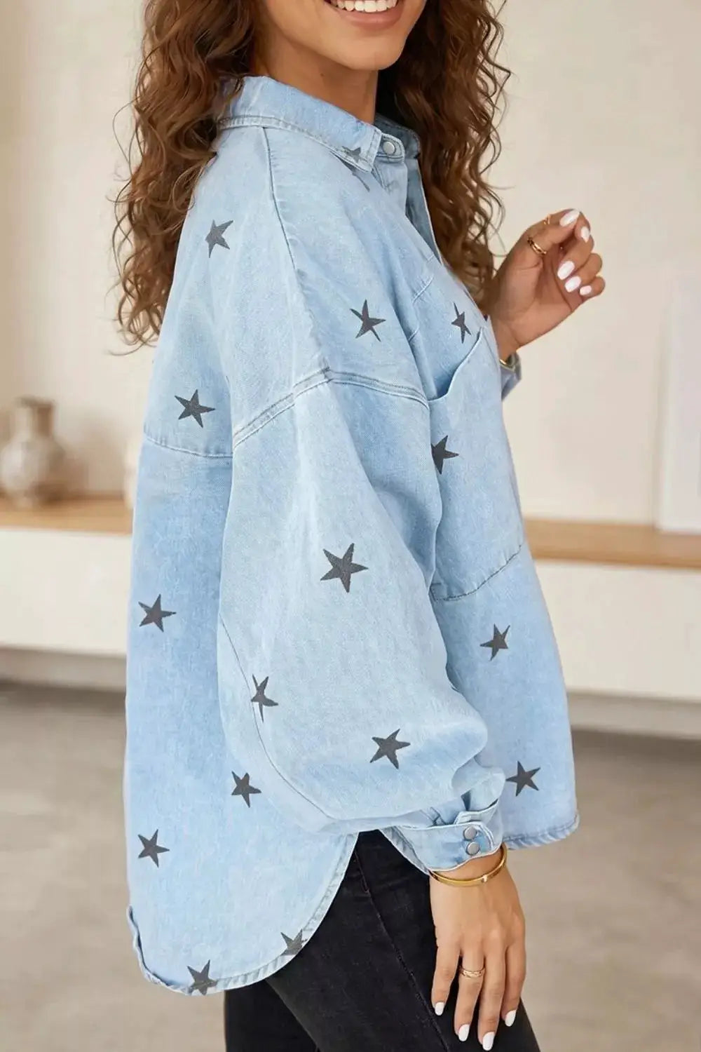 Light-wash star-print denim jacket by Trendsi, women's casual outerwear