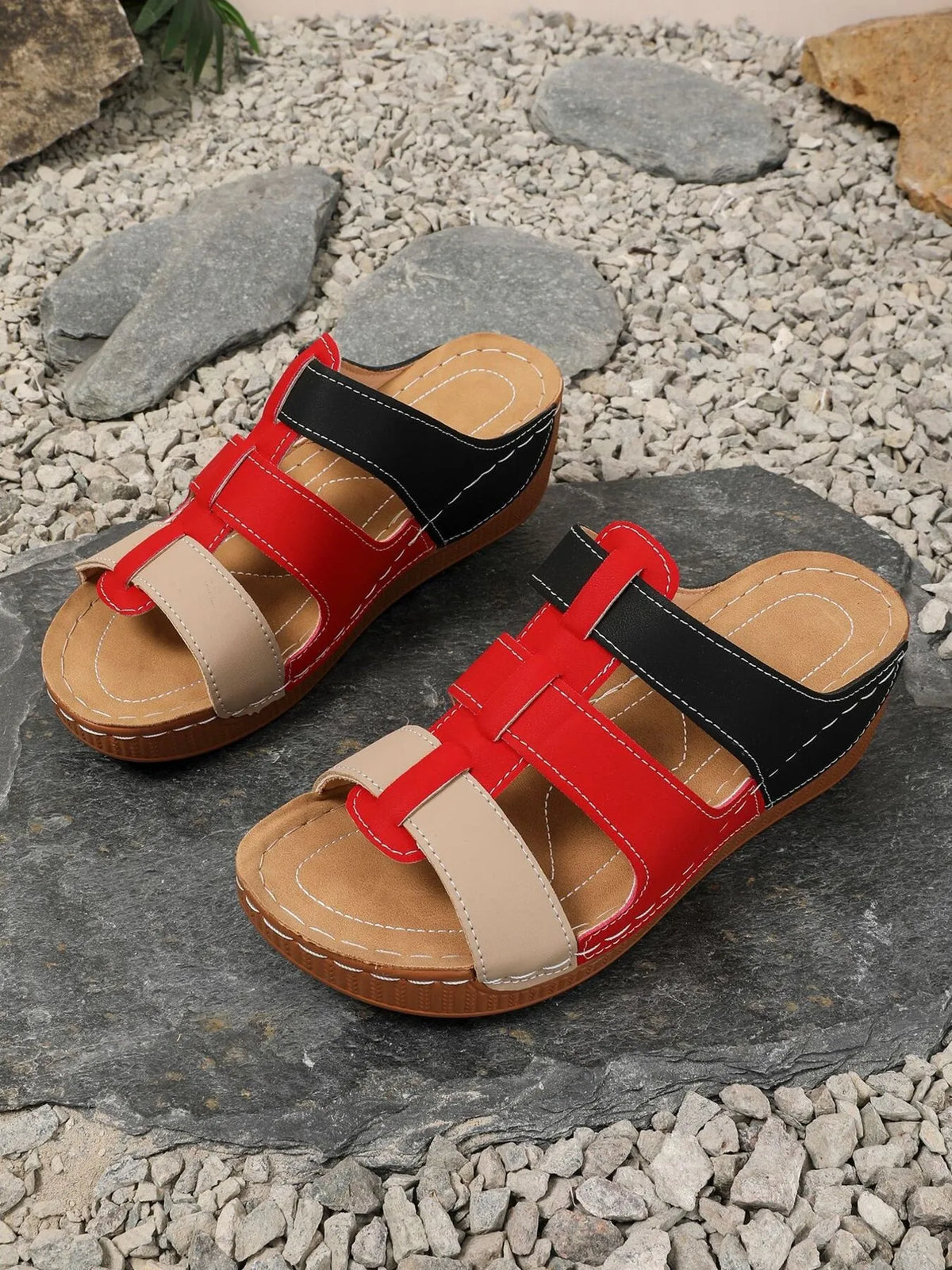 Contrast Cutout Open Toe Sandals, Trendsi shoes with red, black and beige straps and tan footbed