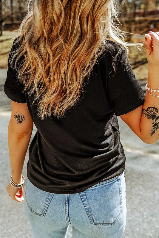 Full Size Halloween Ghost Applique Short Sleeve T-Shirt Plus Size, black, back view of model wearing light-wash jeans.