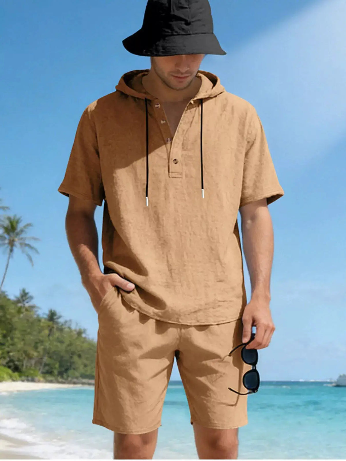 Men's linen-blend hooded top and shorts two-piece set in tan