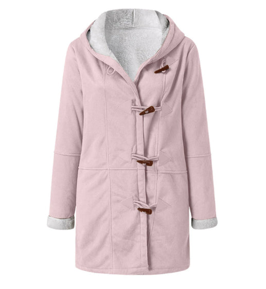 Women's Vintage Winter Coat AdTec, pink hooded overcoat with toggle closures