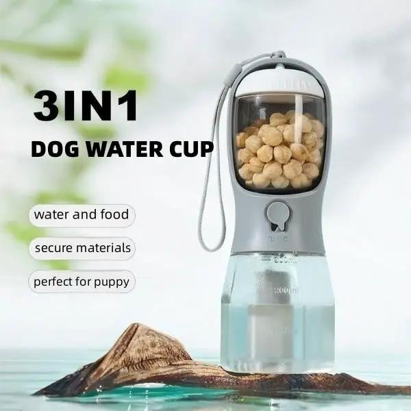 AdTec 3-in-1 dog water cup portable bottle with food chamber; grey body, clear reservoir, kibble visible