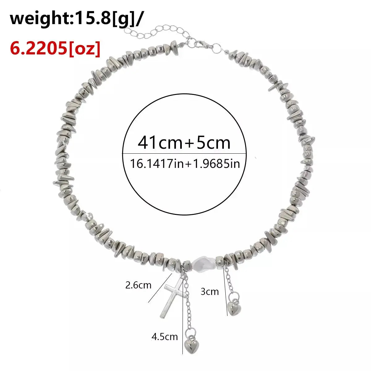 Chunky chain cross pendant necklace with silver-tone beads and heart charms, adjustable 41cm+5cm, Trendsi