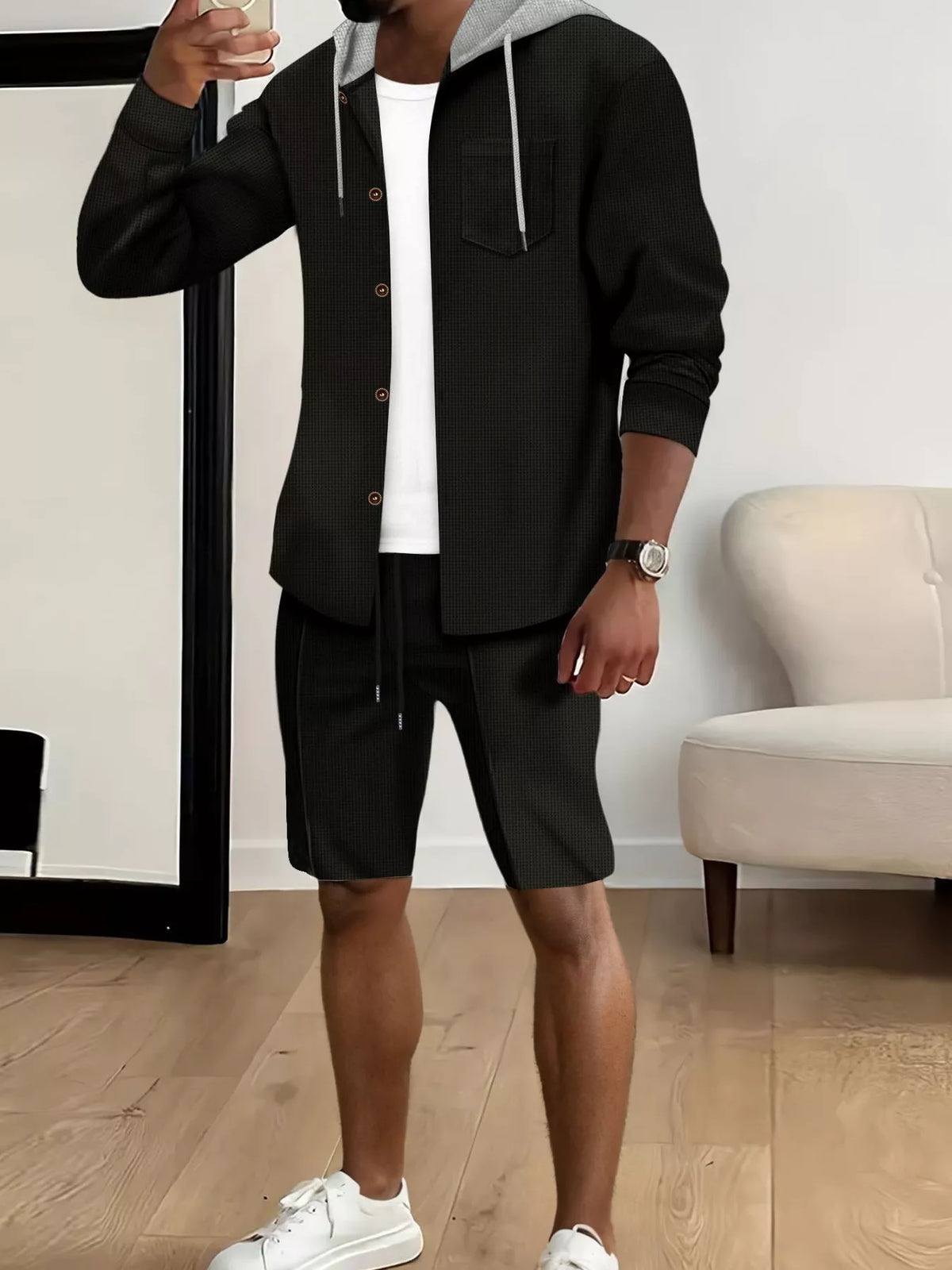 Men's plus-size casual hooded button-up top and shorts set by Trendsi in black with gray drawstrings