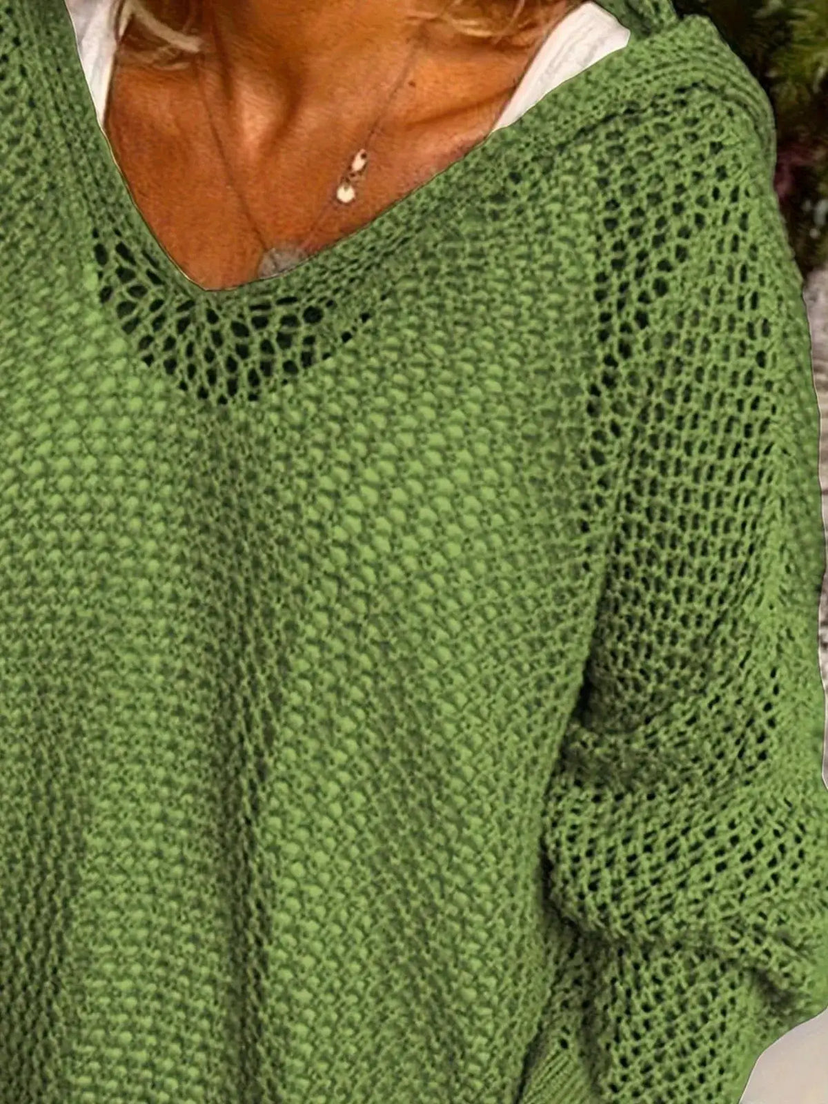 Openwork long-sleeve hooded knit beach cover-up in green by Trendsi.