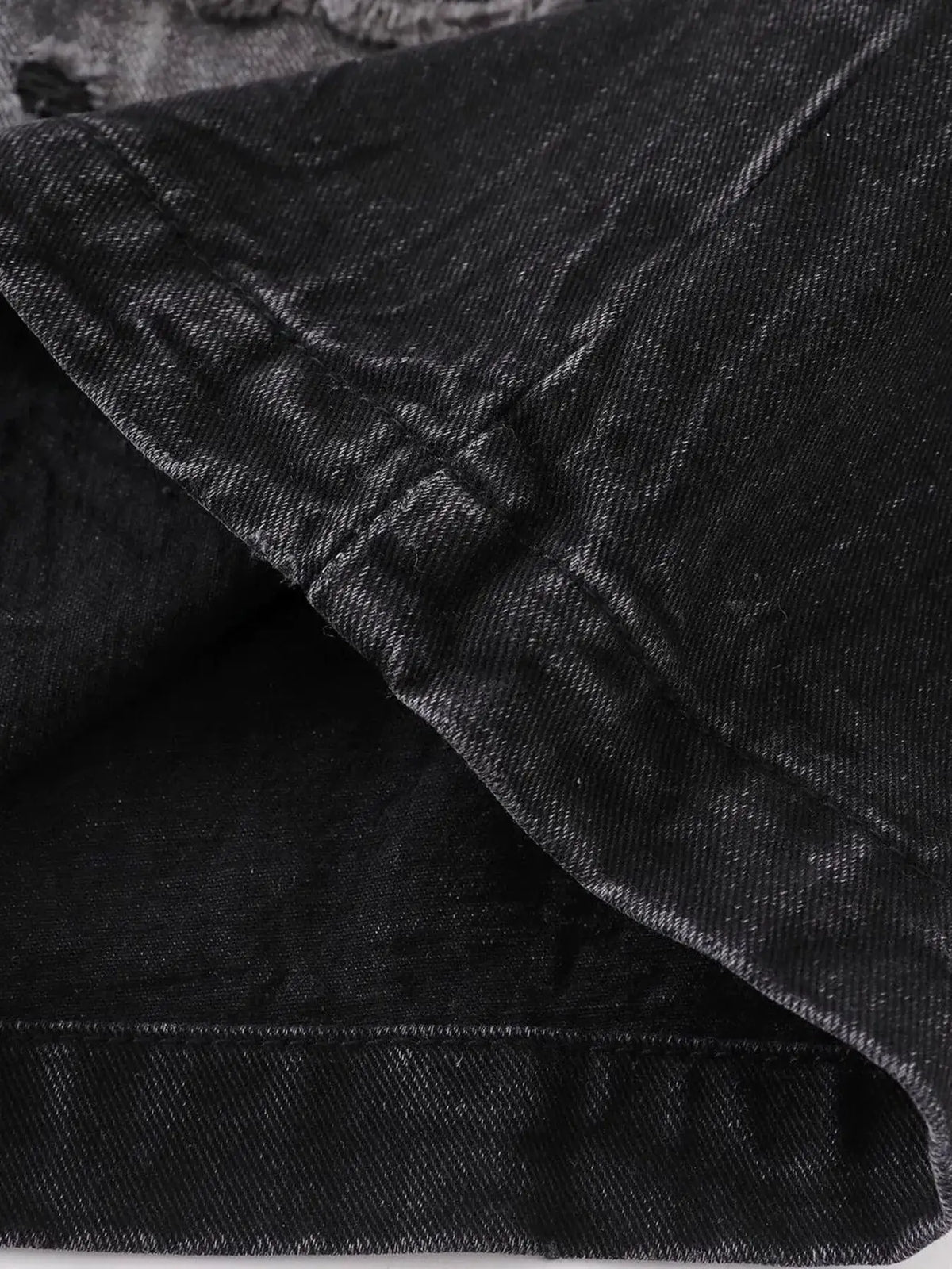 Mens Distressed Denim Shorts dark wash fabric with visible stitching