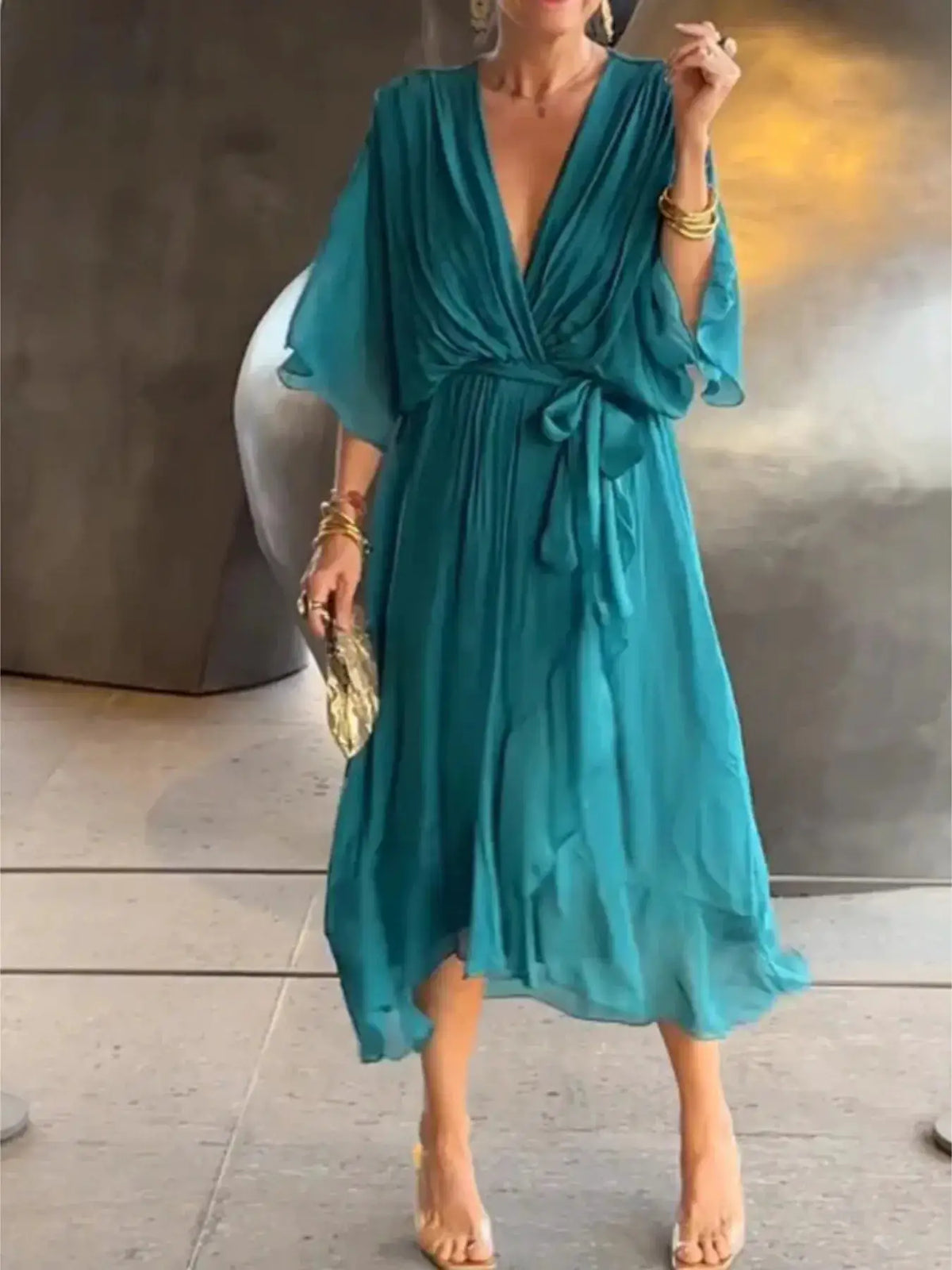 Full-Size Flowy Tie Front Midi Dress with Flutter Sleeves in teal, plus-size