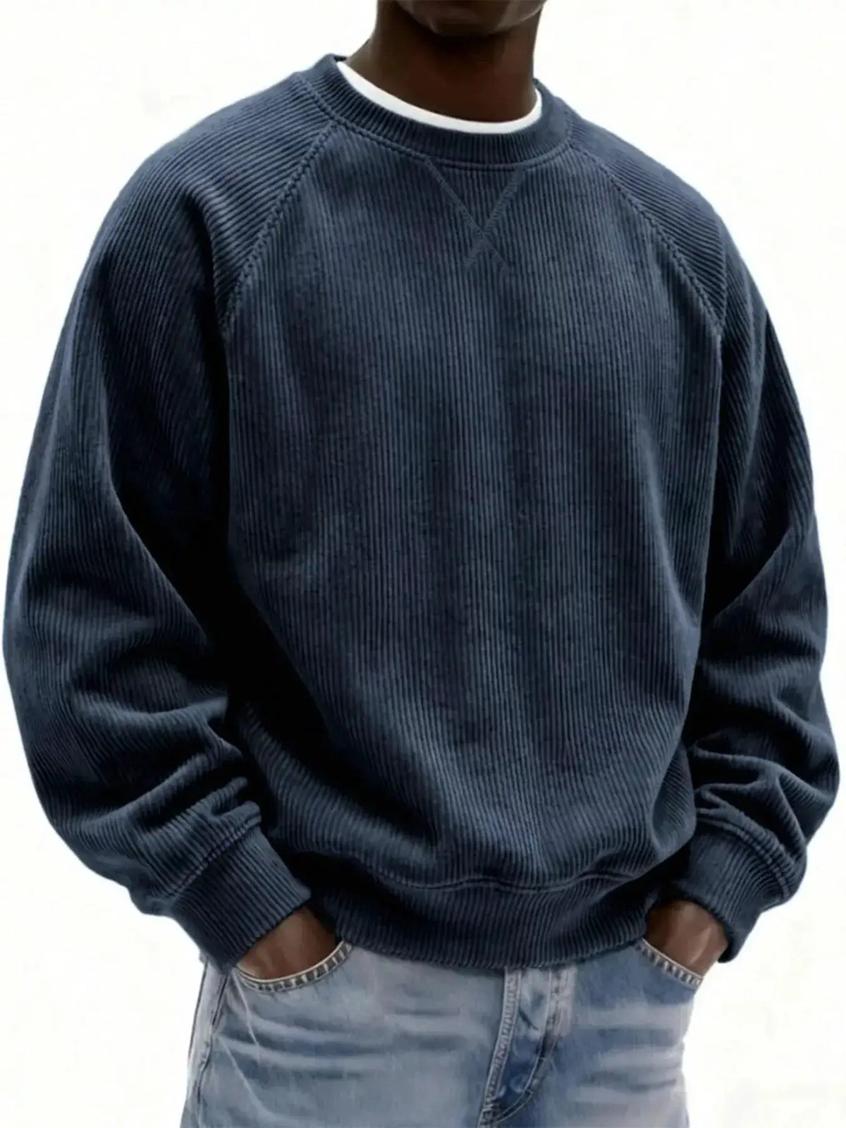 Mens plus-size navy corduroy crew-neck sweatshirt with stretch cotton