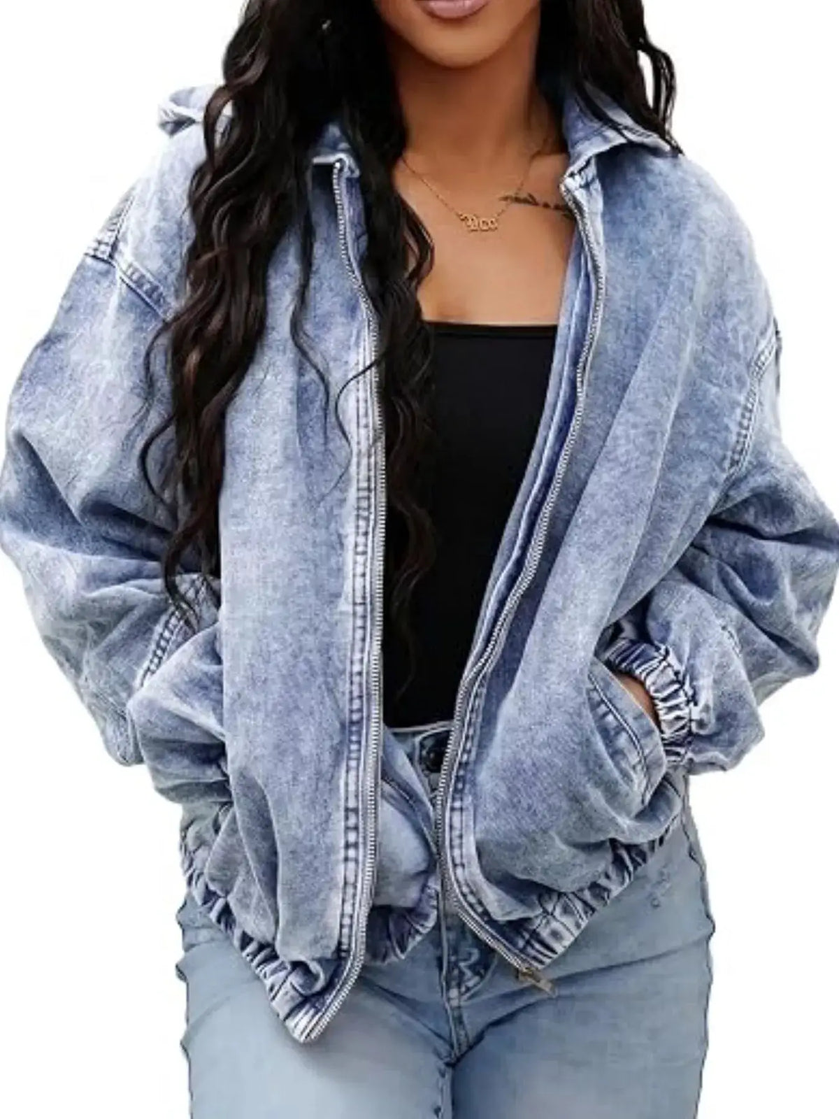 Premium vintage washed zip-up hooded oversized denim jacket, light-wash with front zipper.