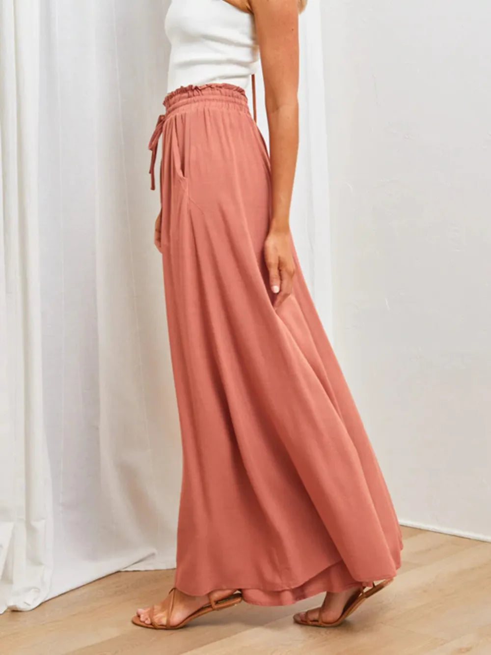 High waist wide-leg Palazzo pants in dusty pink with a drawstring waist