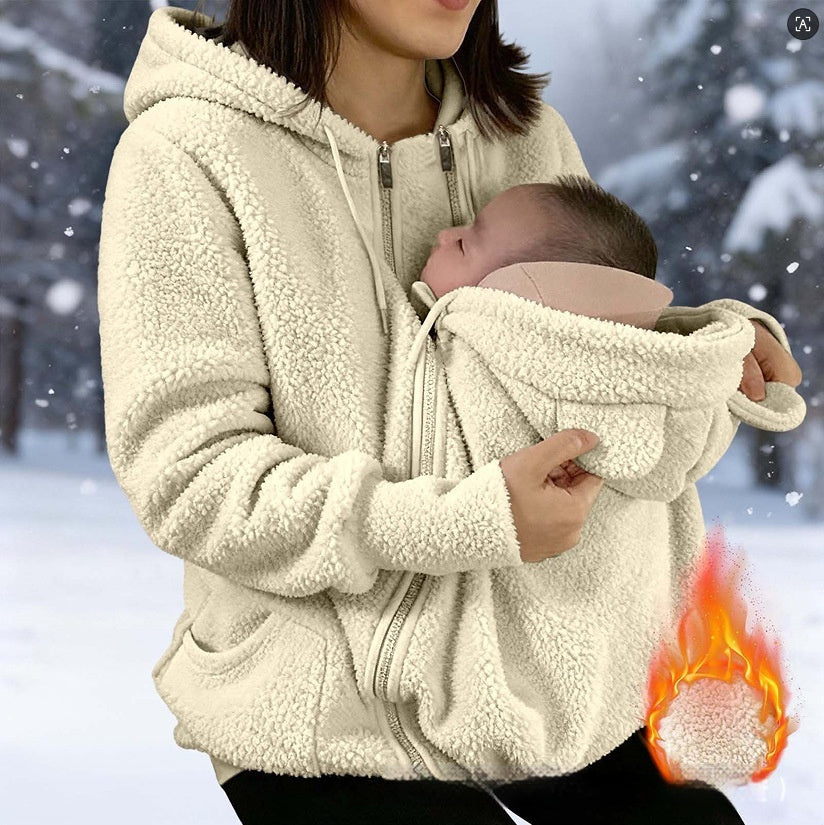 Corduroy Hooded Sweatshirt nursing hoodie by AdTec, cream fleece jacket worn by a mom holding her infant