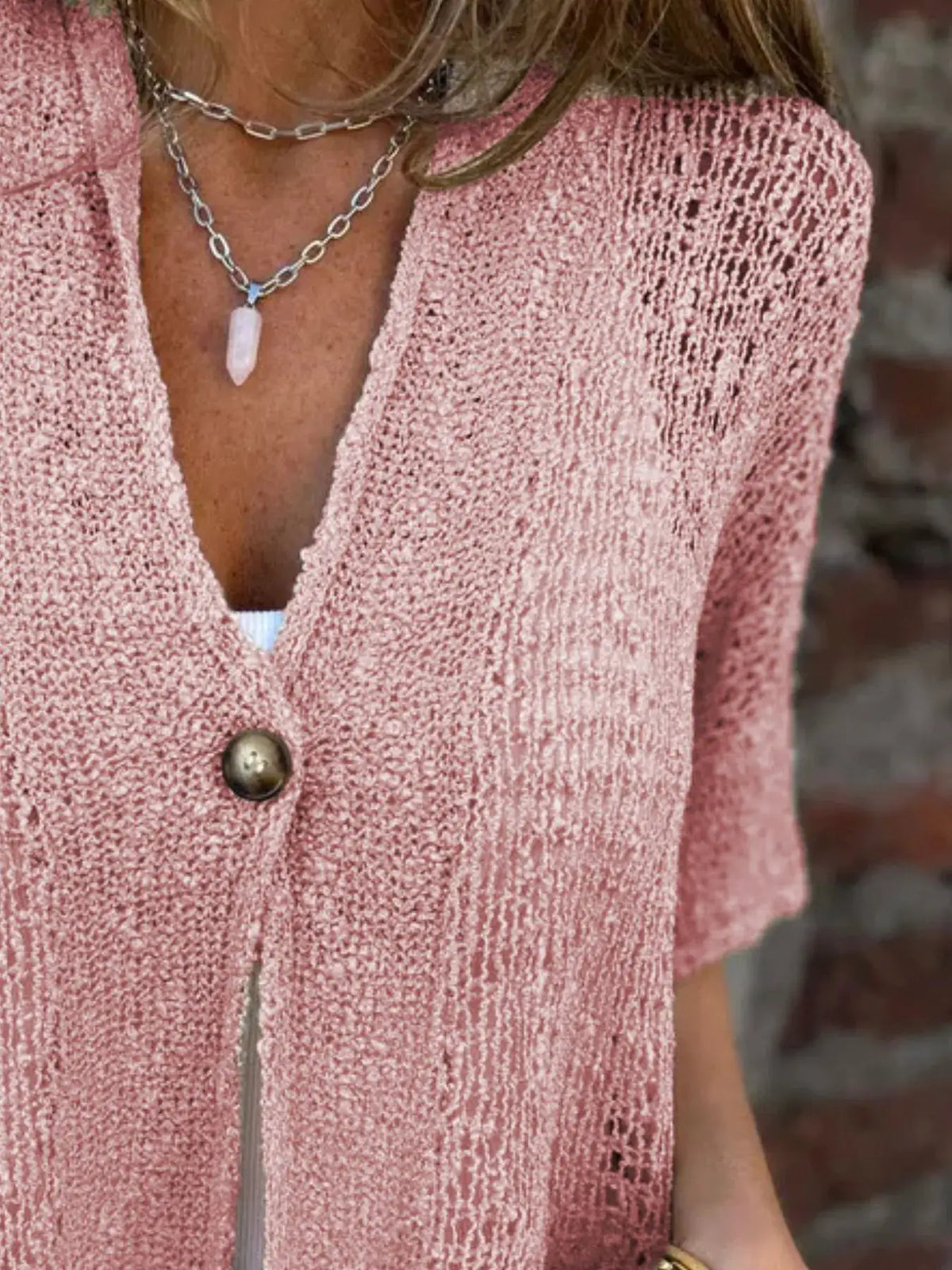 Plus size one-button openwork pink cardigan; sheer knit with gold-tone button