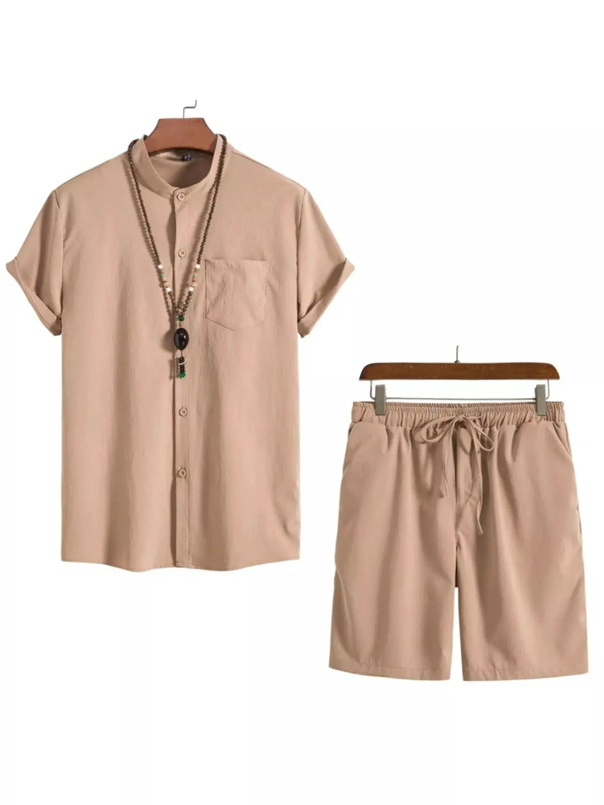 Plus Size Men's Summer Casual Short Sleeve Button Front Shirt and Shorts Set, beige, 2-piece