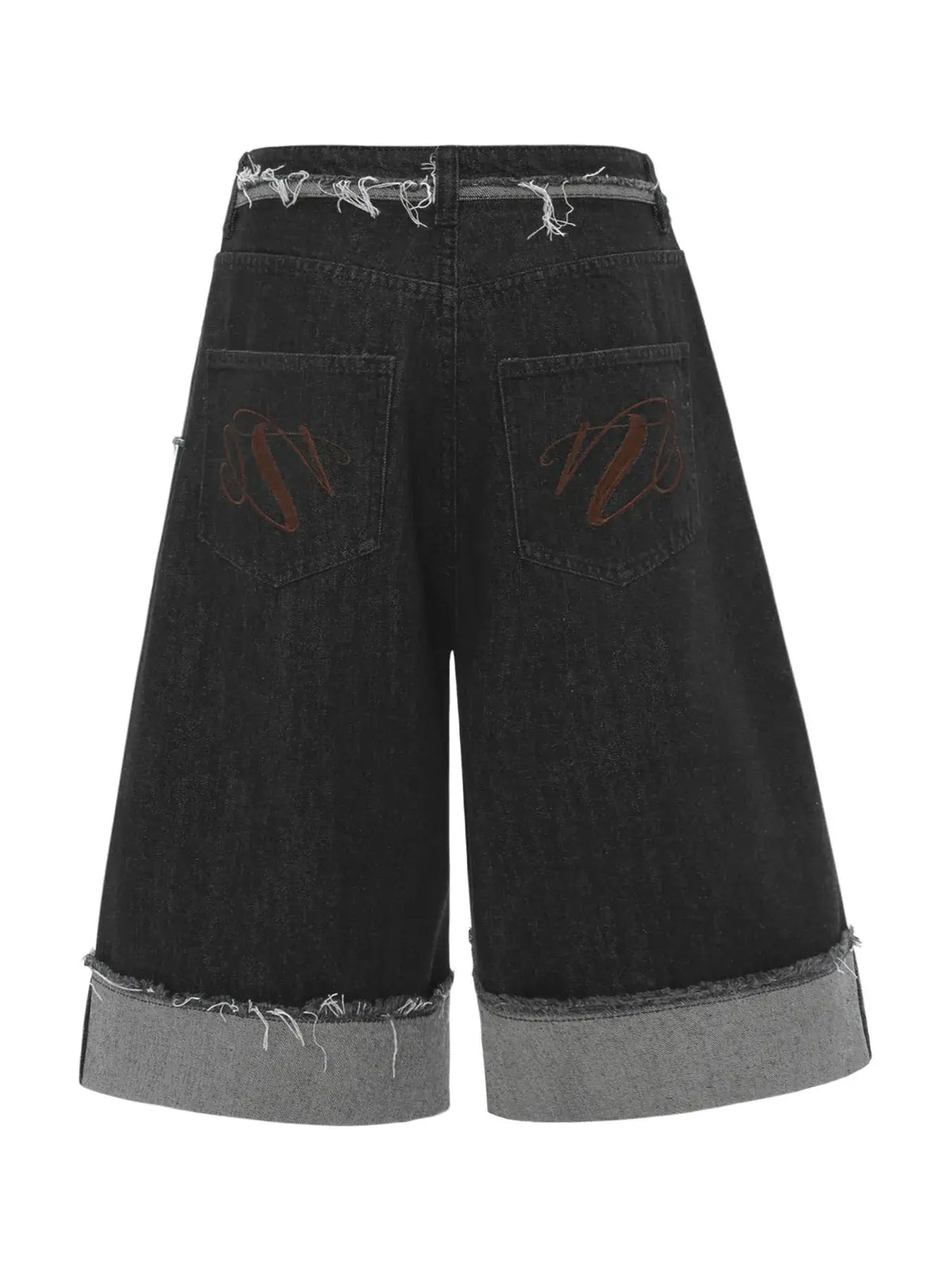 Men's black denim shorts with slight stretch, raw frayed hem and rolled contrast cuffs, back pockets with brown embroidery