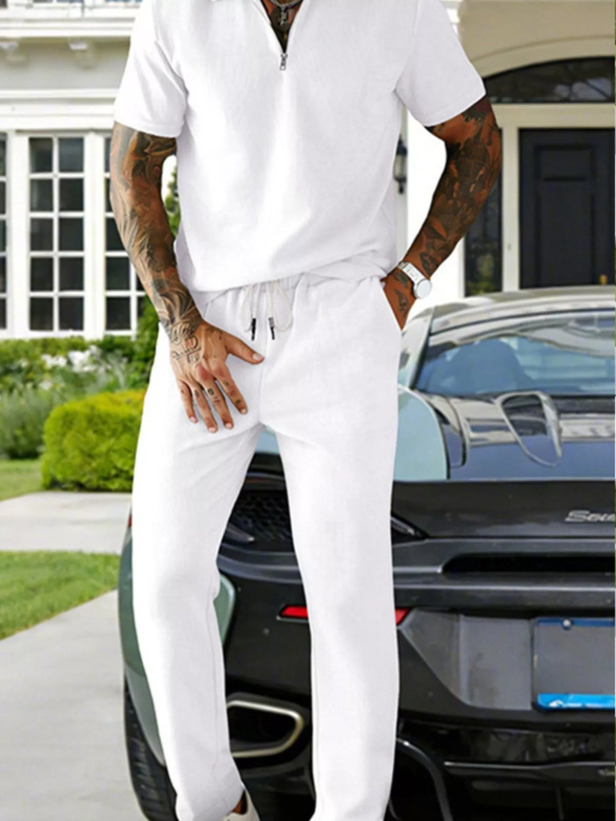 Men's white short-sleeve zipper polo shirt and drawstring pants set, plus size