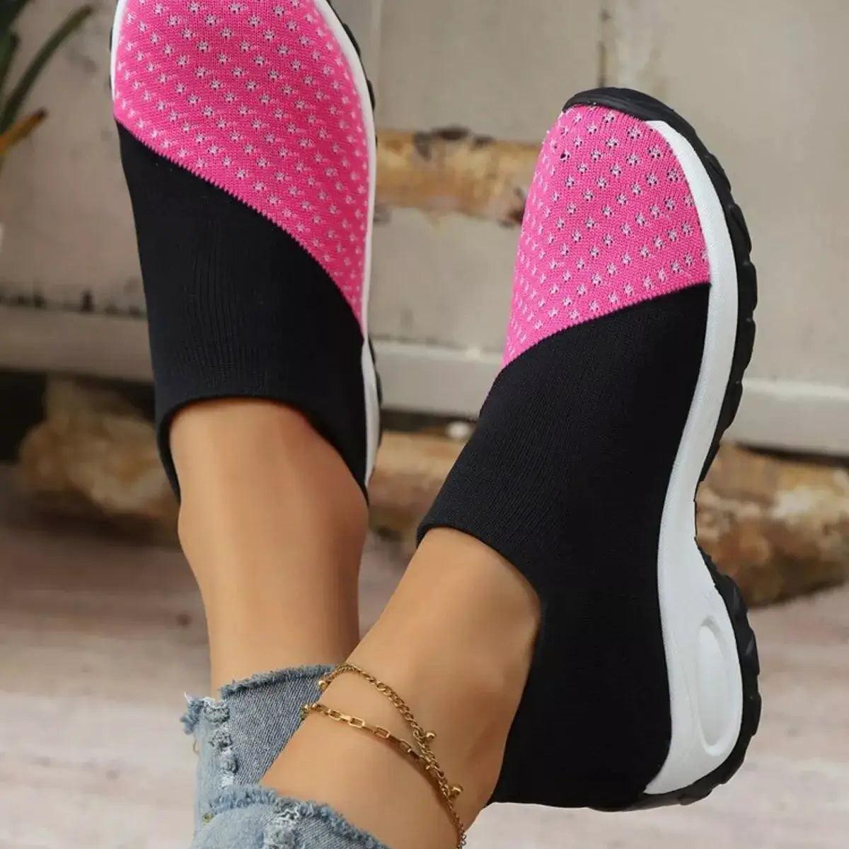 Color Block Mesh Athletic Shoes, pink mesh upper with black knit sides, white sole, Trendsi pair