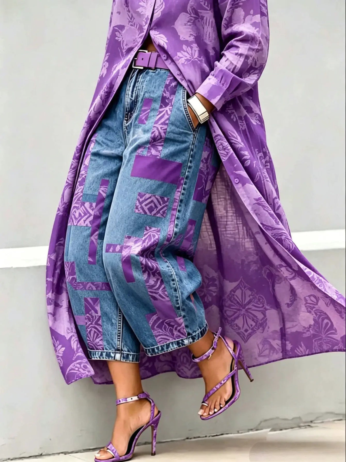 Two-piece purple outfit: floral long coat with patchwork denim capri pants in purple patches, paired with strappy purple heels.